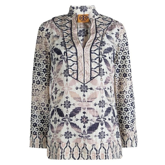Tory Burch Daria Silk Tunic Mixed Print Geometric Floral Embroidered Size 4 - Picture 1 of 3